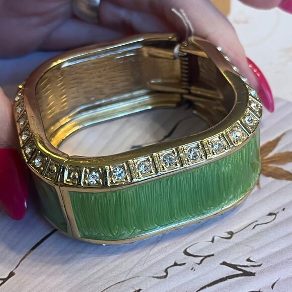 Vintage Green Enamel Gold Tone and Rhinestone Chunky Square Clamper Bracelet - Picture 8 of 8